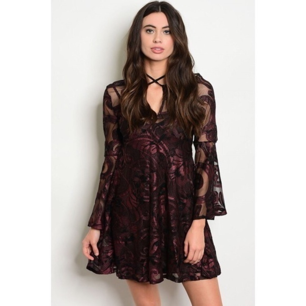 🆕Wine & black lace dress w/ bell sleeves - Picture 3 of 5